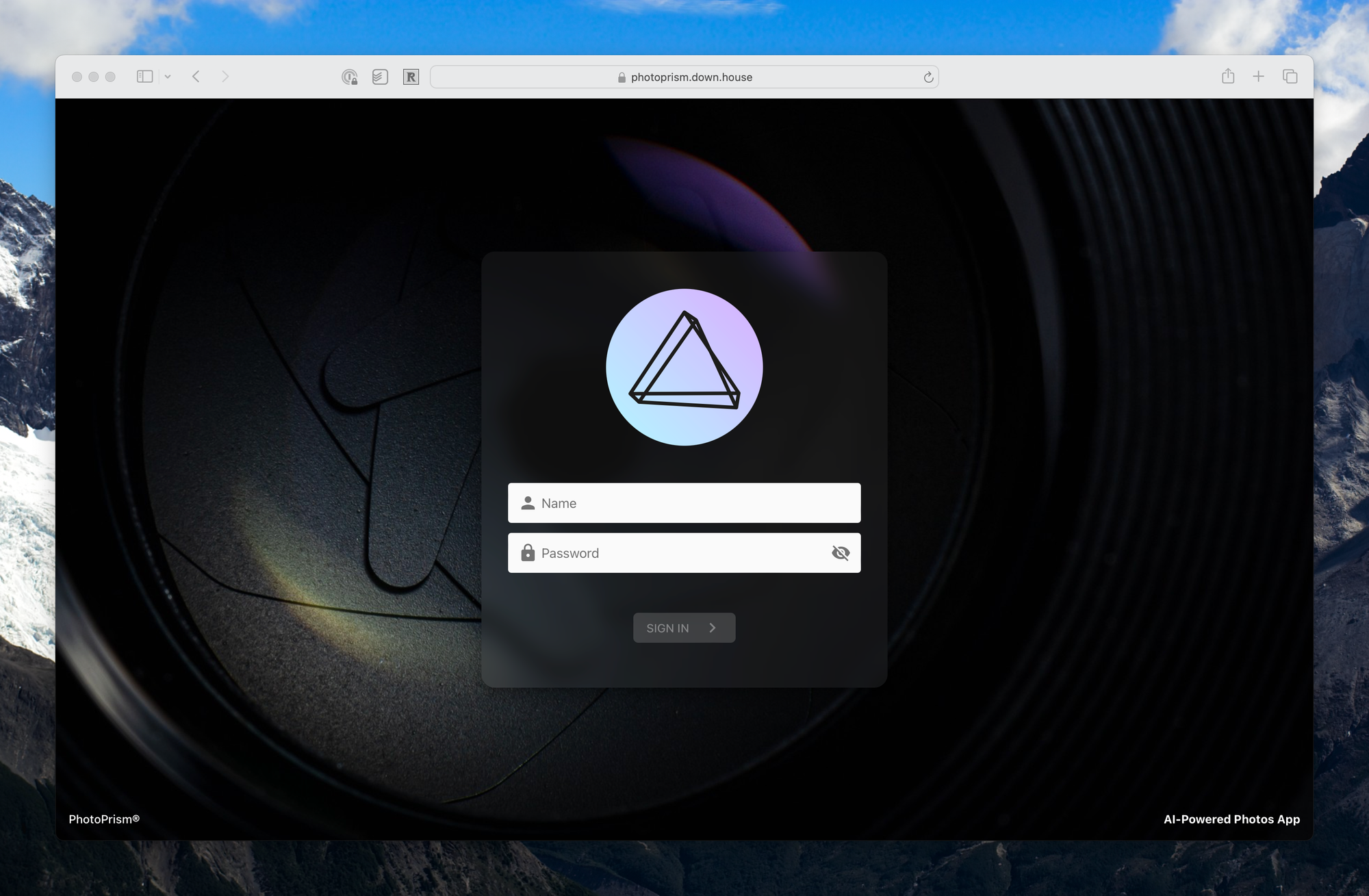 A screenshot of the PhotoPrism login screen